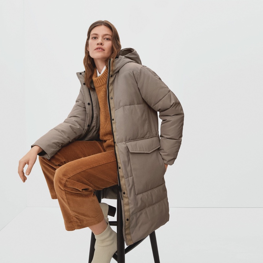 Everlane ReNew Long Puffer Jacket Beige Zip Insulated Hooded Coat Size xxs